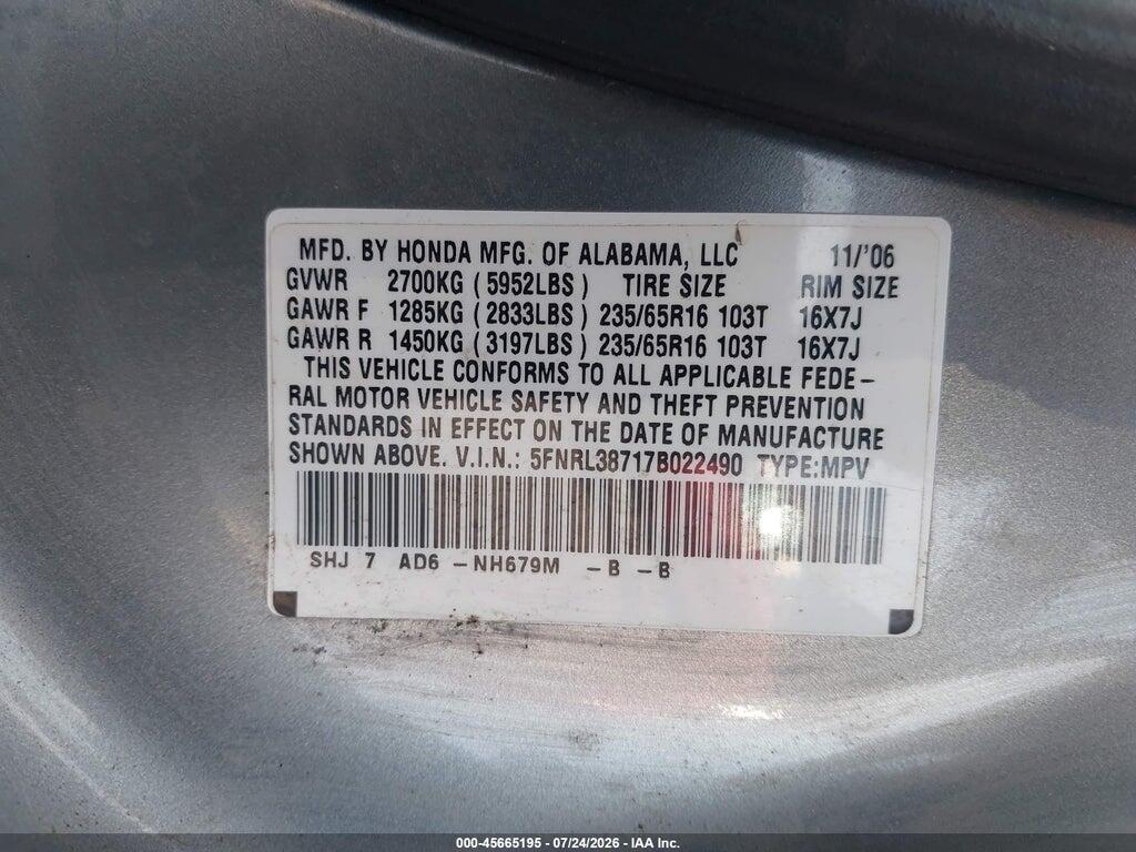 5FNRL38717B022490 2007 HONDA ODYSSEY photo no. 9