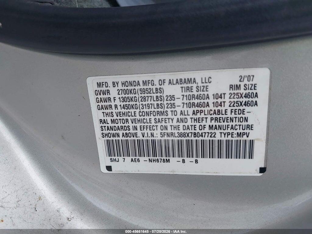 5FNRL388X7B047722 2007 HONDA ODYSSEY photo no. 9