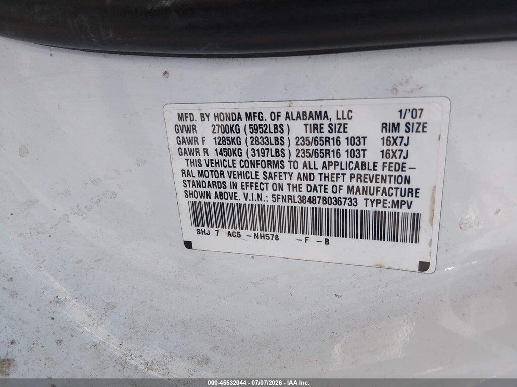 5FNRL38487B036733 2007 HONDA ODYSSEY photo no. 9