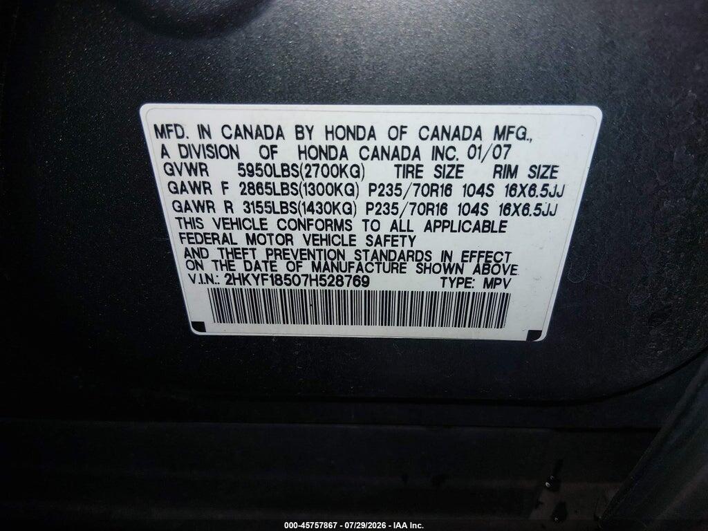 2HKYF18507H528769 2007 HONDA PILOT photo no. 9
