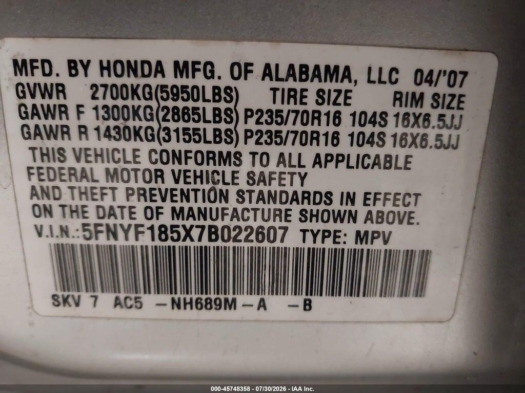 5FNYF185X7B022607 2007 HONDA PILOT photo no. 9
