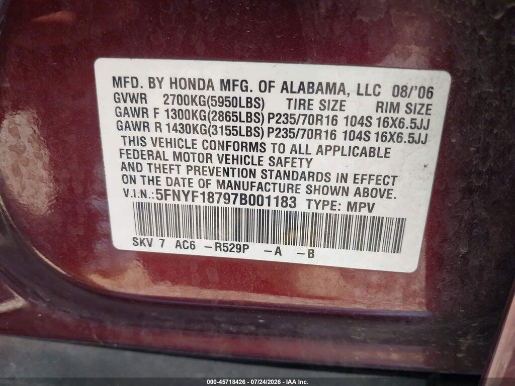 5FNYF18797B001183 2007 HONDA PILOT photo no. 9