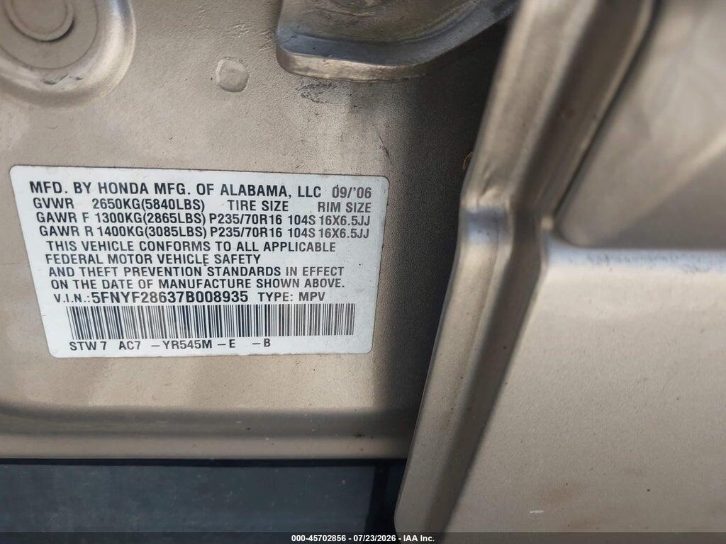 5FNYF28637B008935 2007 HONDA PILOT photo no. 9