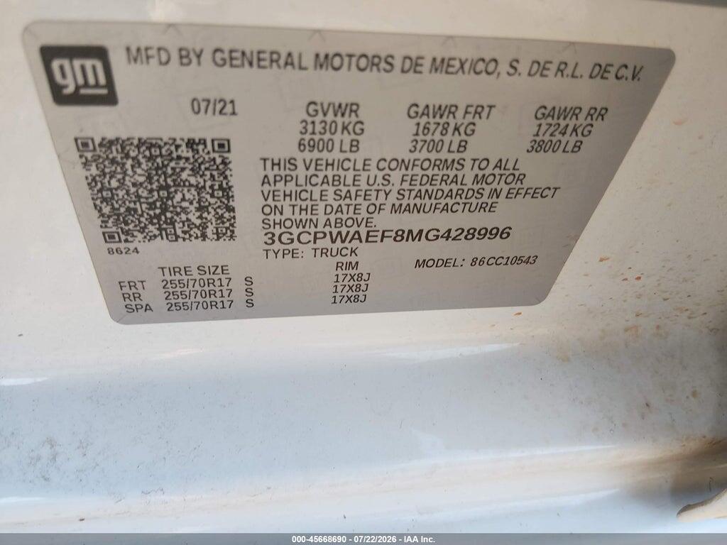 3GCPWAEF8MG428996 2021 CHEVROLET SILVERADO 1500 photo no. 9