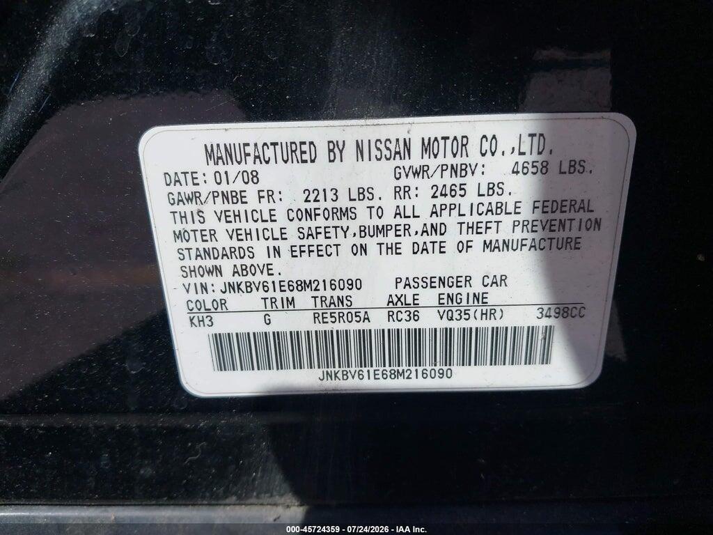 JNKBV61E68M216090 2008 INFINITI G35 photo no. 9
