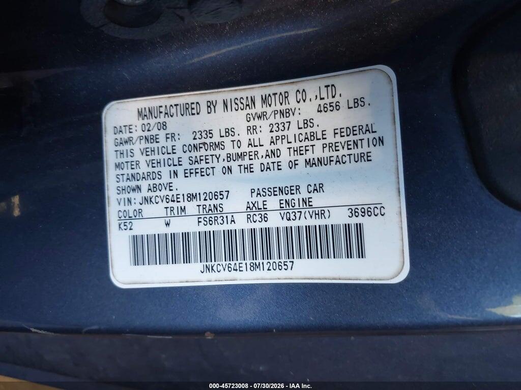 JNKCV64E18M120657 2008 INFINITI G37 photo no. 9