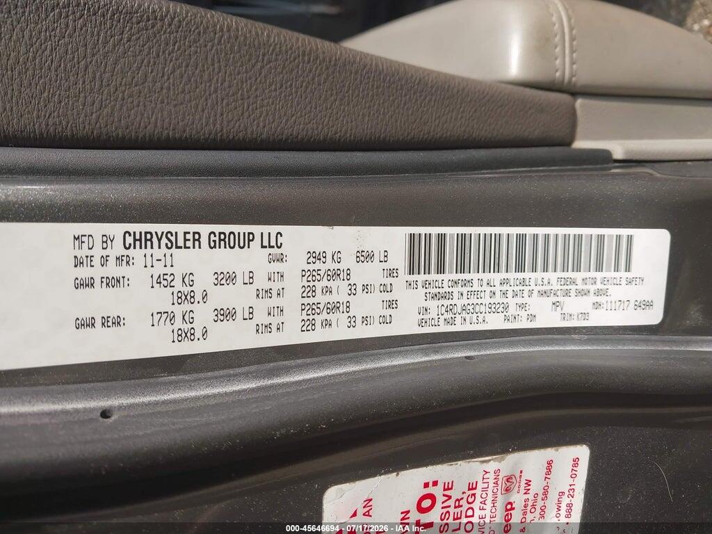 1C4RDJAG3CC193230 2012 DODGE DURANGO photo no. 9