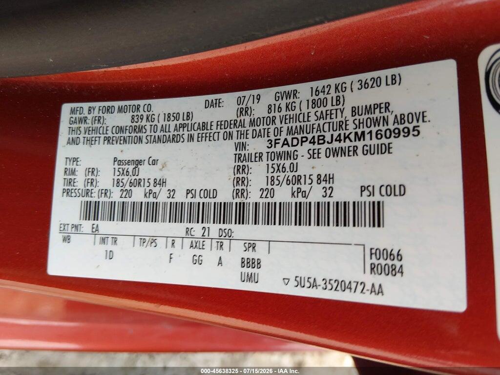3FADP4BJ4KM160995 2019 FORD FIESTA photo no. 9