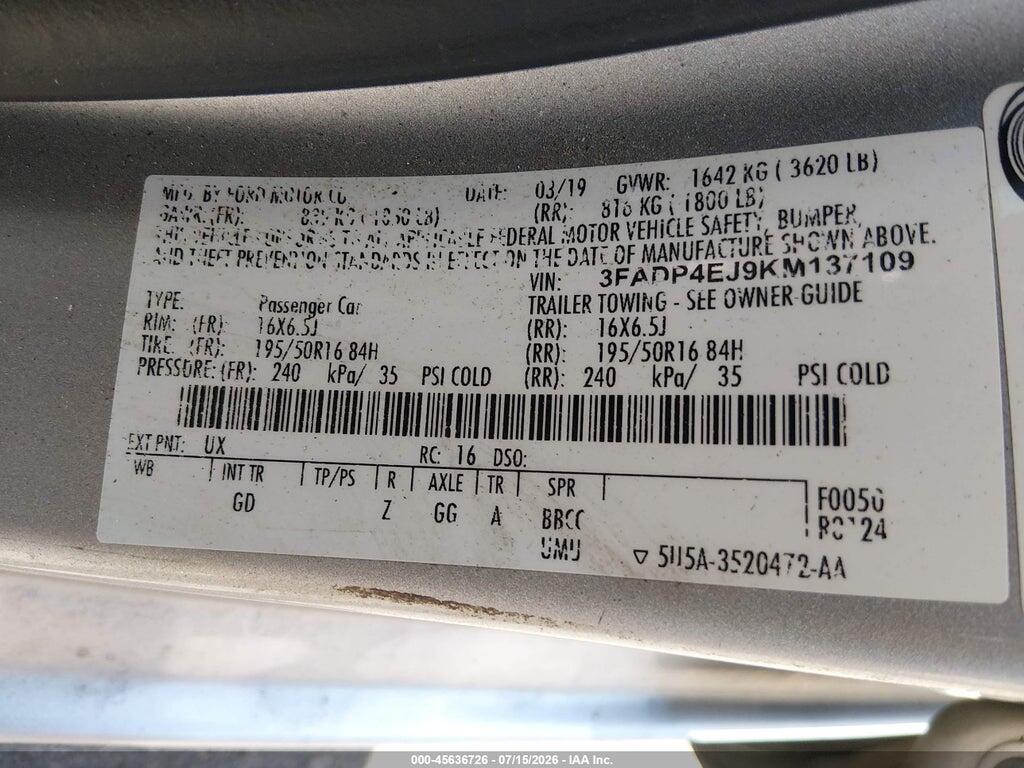 3FADP4EJ9KM137109 2019 FORD FIESTA photo no. 9