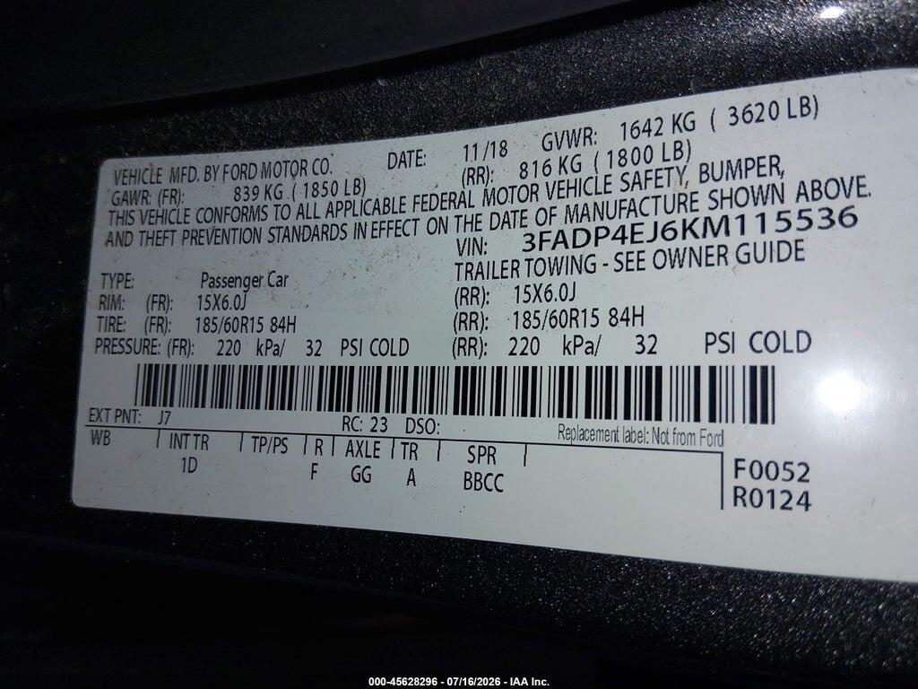 3FADP4EJ6KM115536 2019 FORD FIESTA photo no. 9