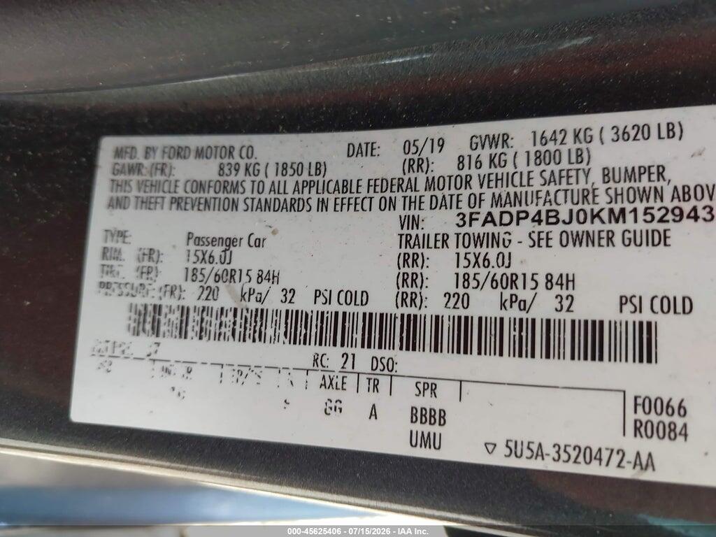 3FADP4BJ0KM152943 2019 FORD FIESTA photo no. 9