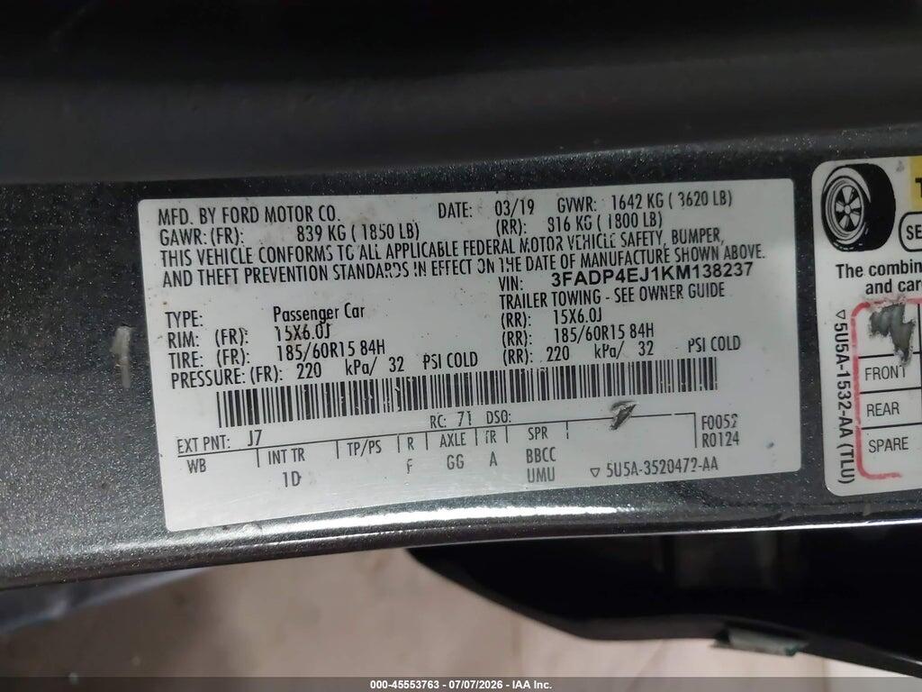 3FADP4EJ1KM138237 2019 FORD FIESTA photo no. 9