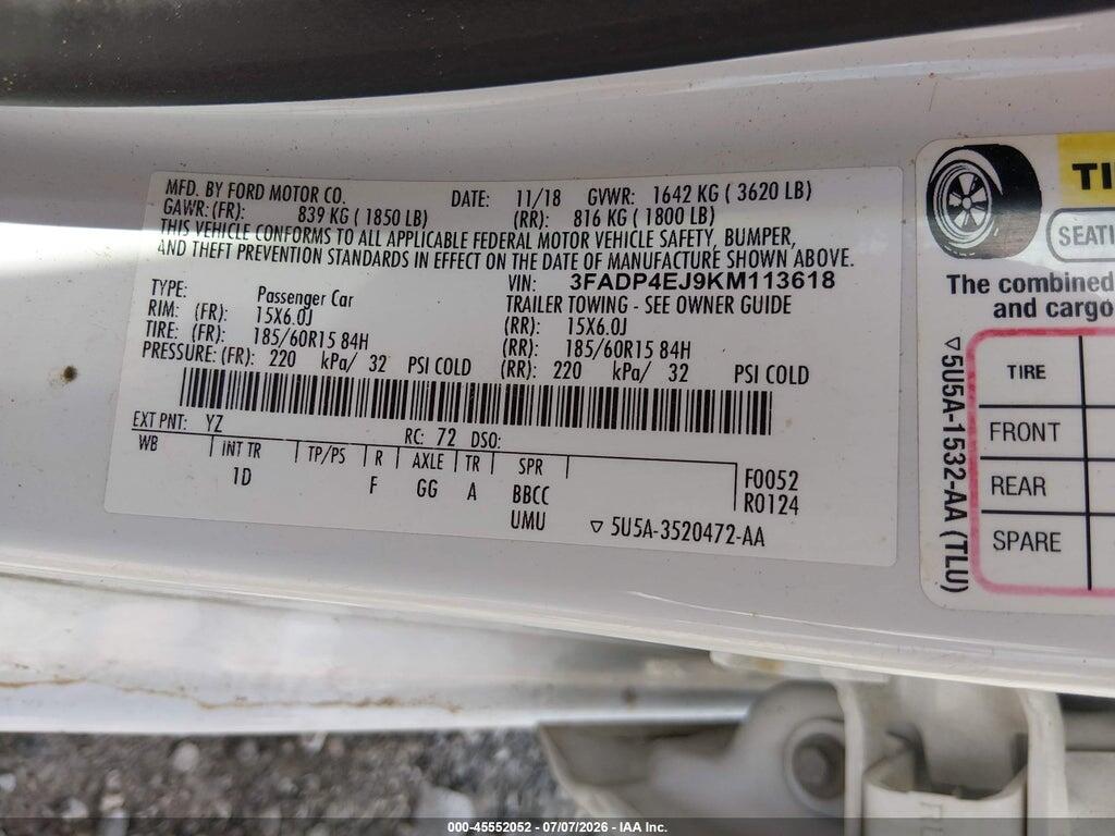 3FADP4EJ9KM113618 2019 FORD FIESTA photo no. 9