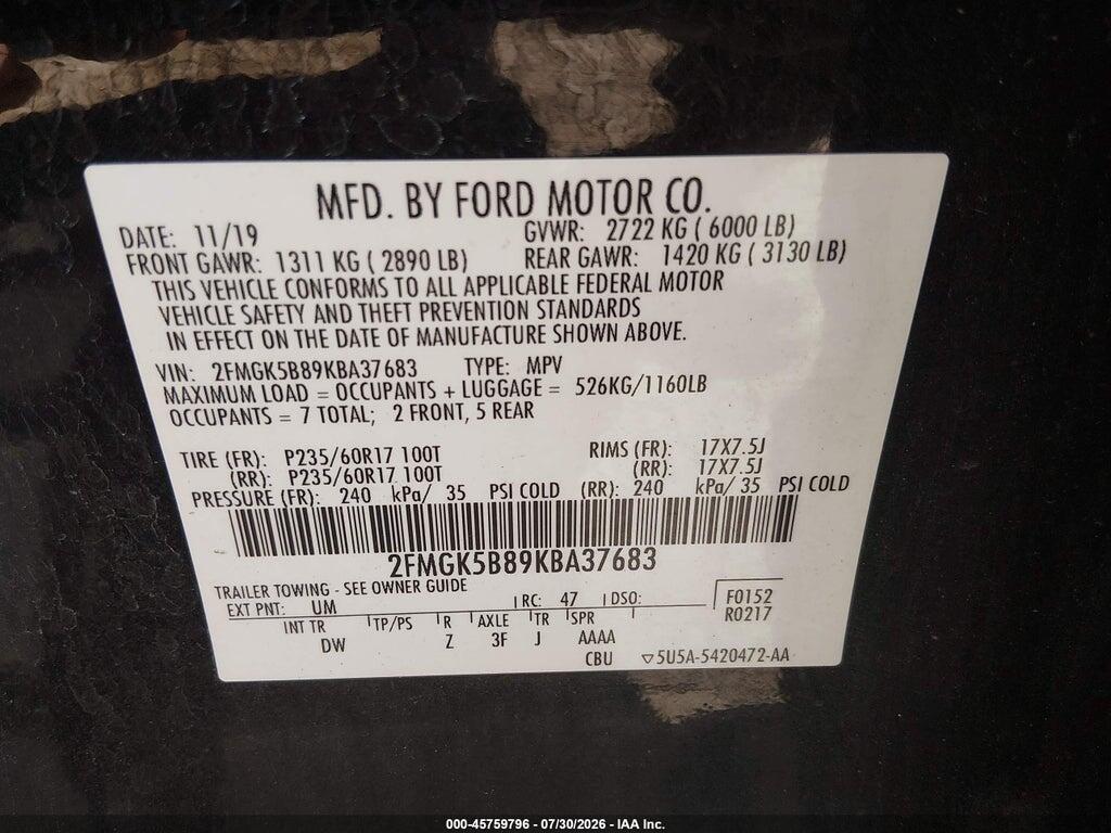 2FMGK5B89KBA37683 2019 FORD FLEX photo no. 9