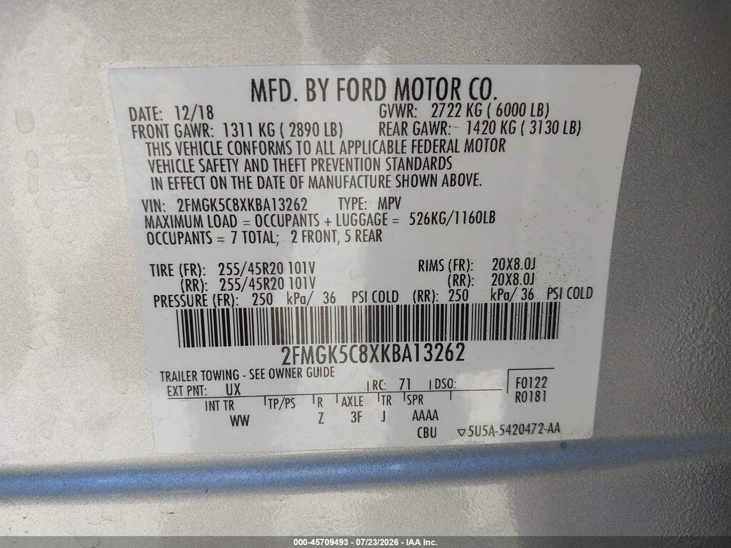 2FMGK5C8XKBA13262 2019 FORD FLEX photo no. 9