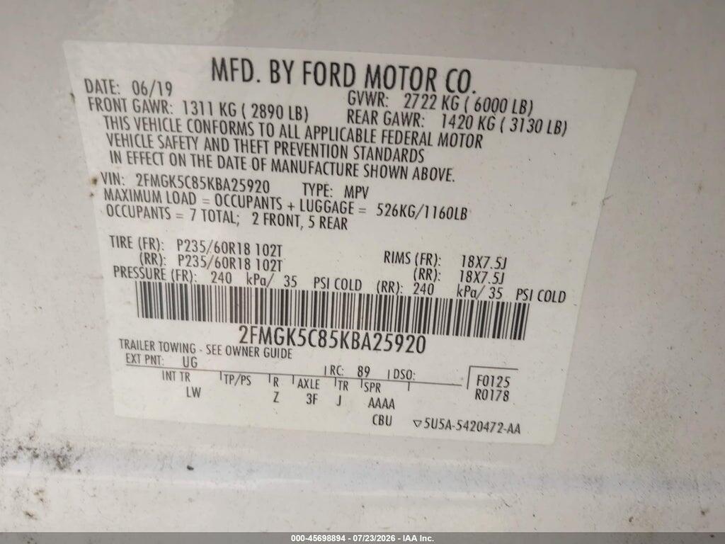 2FMGK5C85KBA25920 2019 FORD FLEX photo no. 9