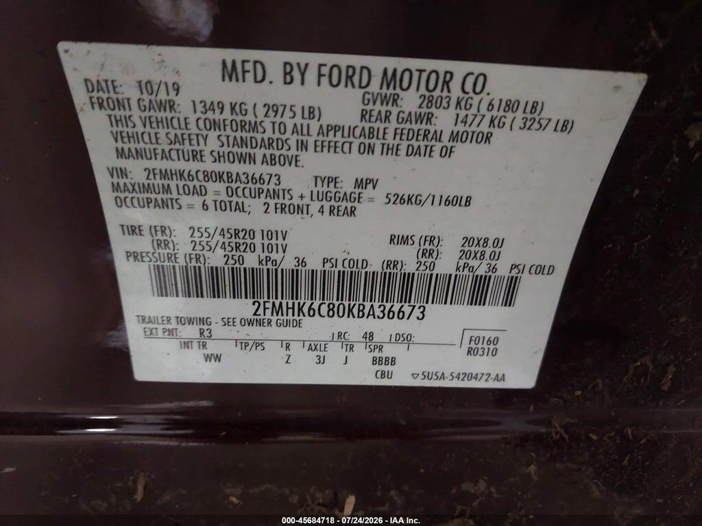 2FMHK6C80KBA36673 2019 FORD FLEX photo no. 9