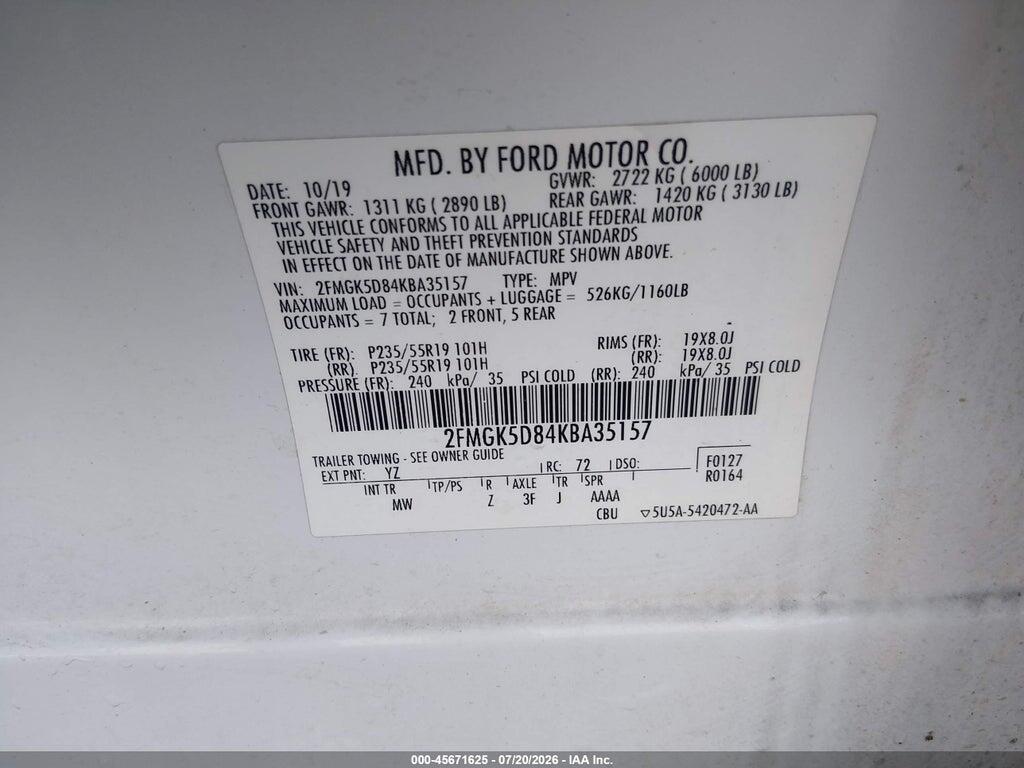 2FMGK5D84KBA35157 2019 FORD FLEX photo no. 9