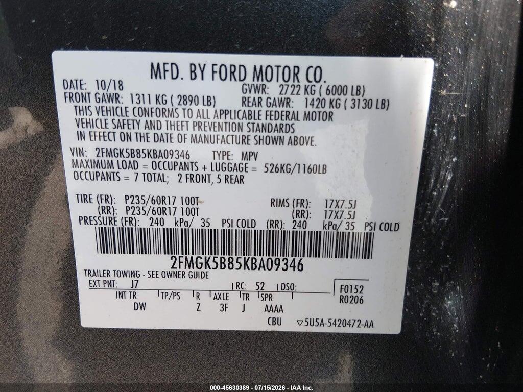 2FMGK5B85KBA09346 2019 FORD FLEX photo no. 9