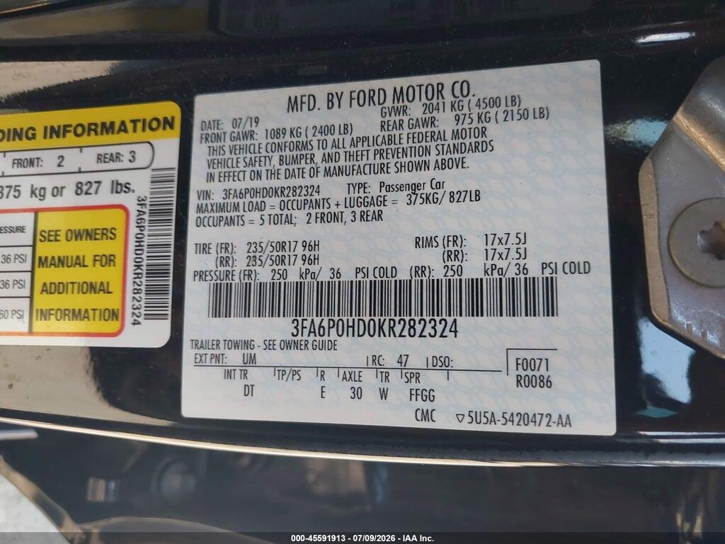 3FA6P0HD0KR282324 2019 FORD FUSION photo no. 9