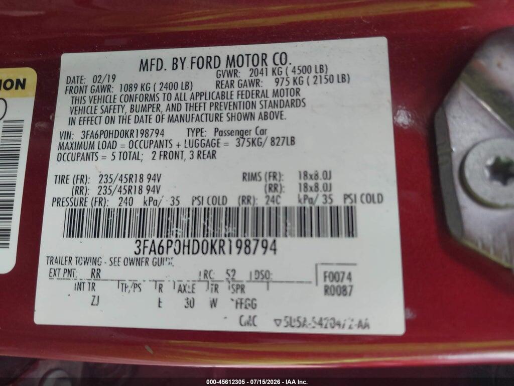 3FA6P0HD0KR198794 2019 FORD FUSION photo no. 9