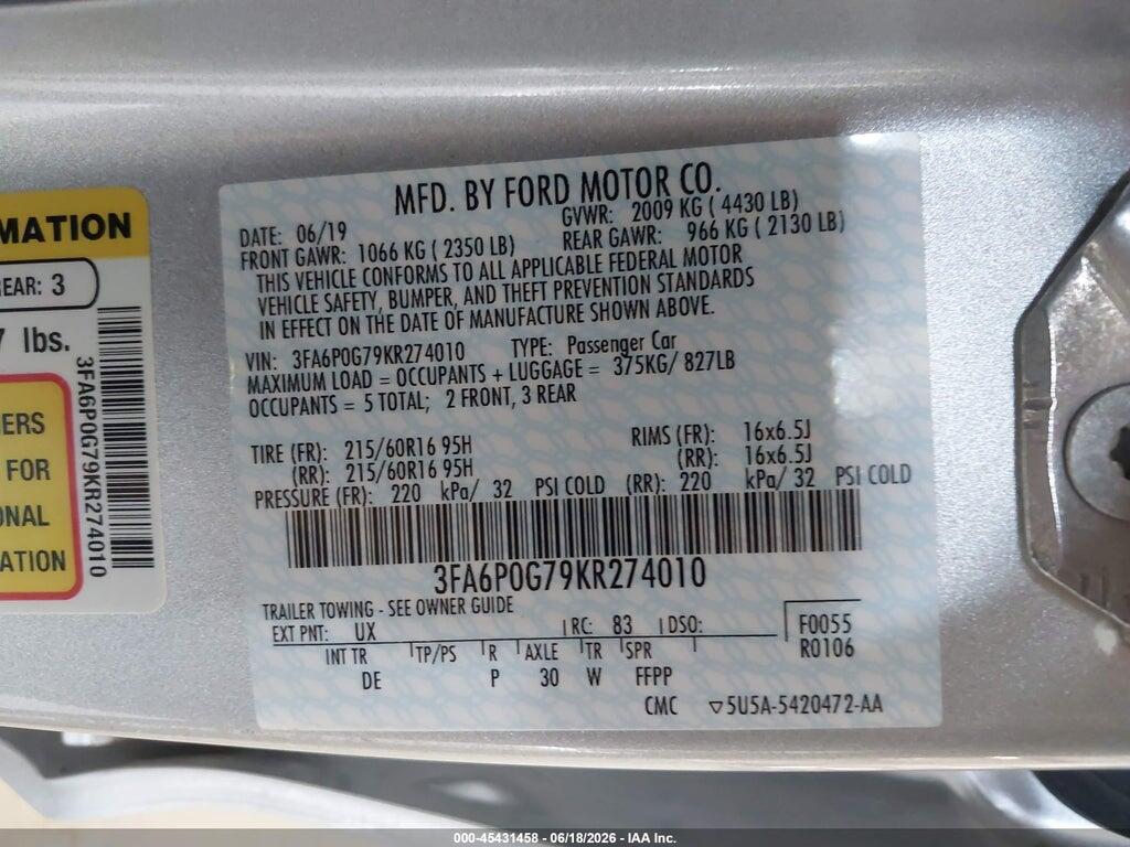 3FA6P0G79KR274010 2019 FORD FUSION photo no. 9