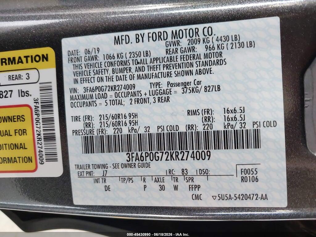 3FA6P0G72KR274009 2019 FORD FUSION photo no. 9