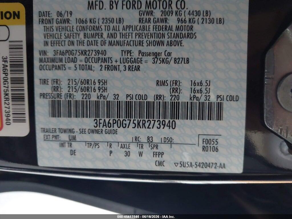 3FA6P0G75KR273940 2019 FORD FUSION photo no. 9