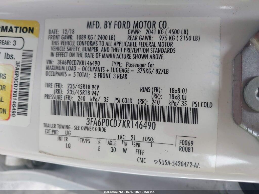 3FA6P0CD7KR146490 2019 FORD FUSION photo no. 9