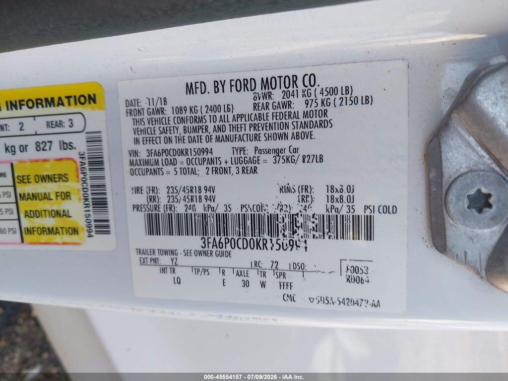3FA6P0CD0KR150994 2019 FORD FUSION photo no. 9