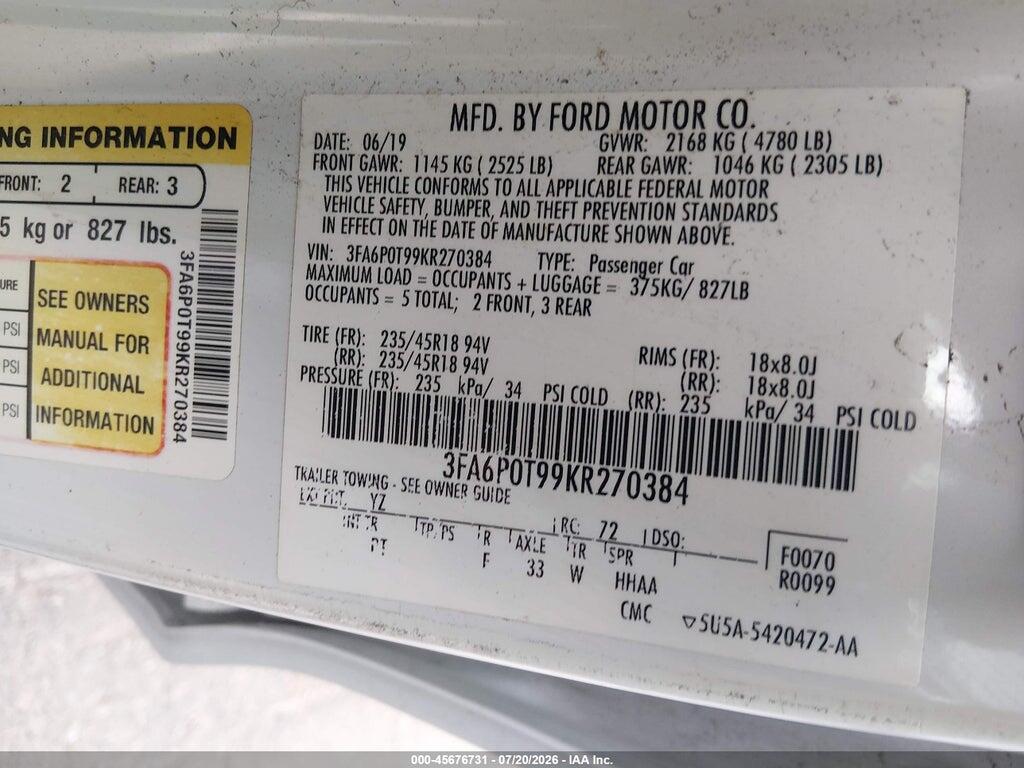 3FA6P0T99KR270384 2019 FORD FUSION photo no. 9