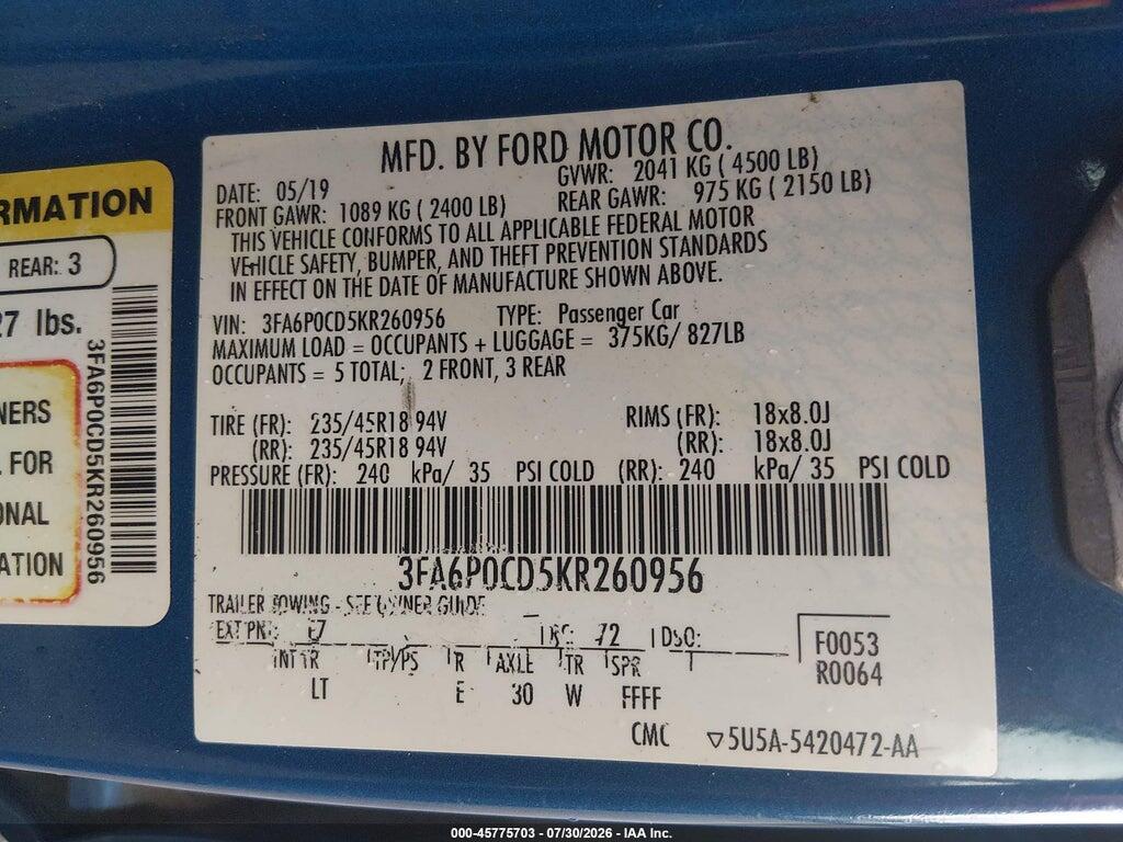 3FA6P0CD5KR260956 2019 FORD FUSION photo no. 9