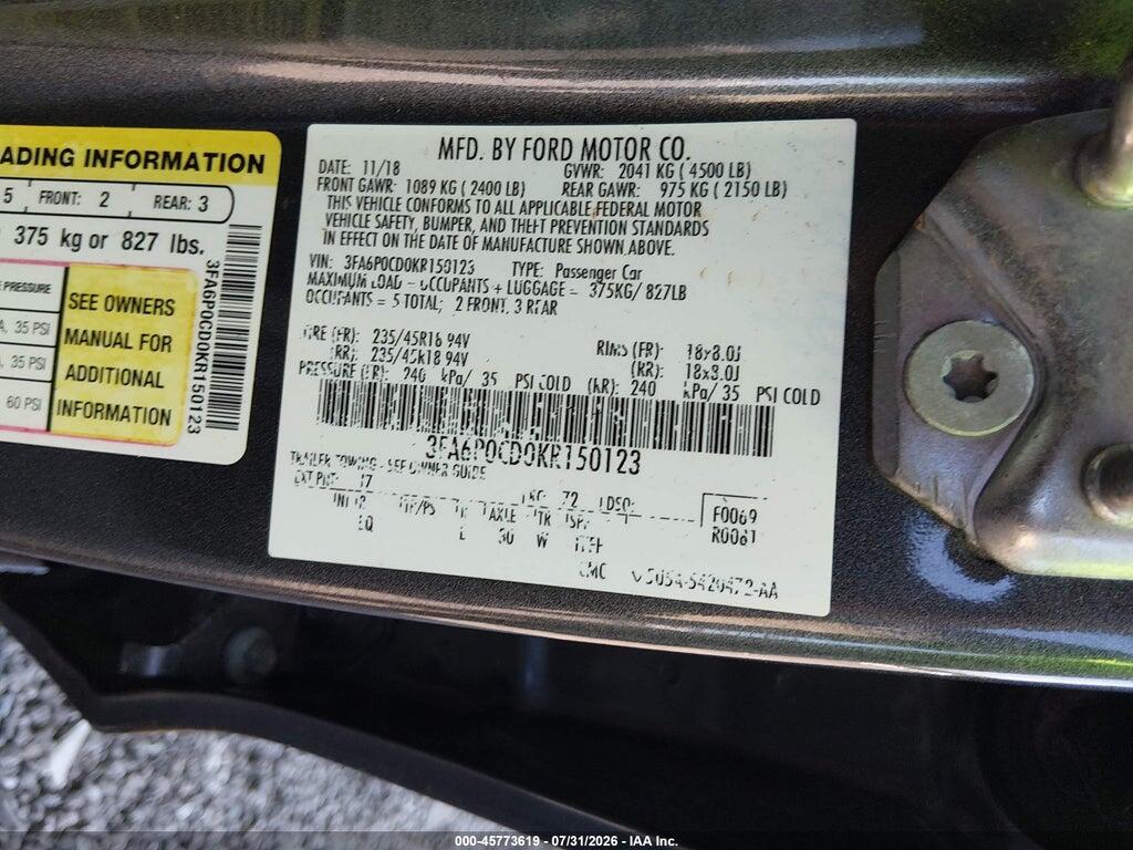 3FA6P0CD0KR150123 2019 FORD FUSION photo no. 9