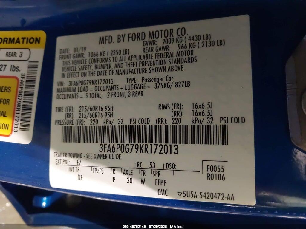 3FA6P0G79KR172013 2019 FORD FUSION photo no. 9