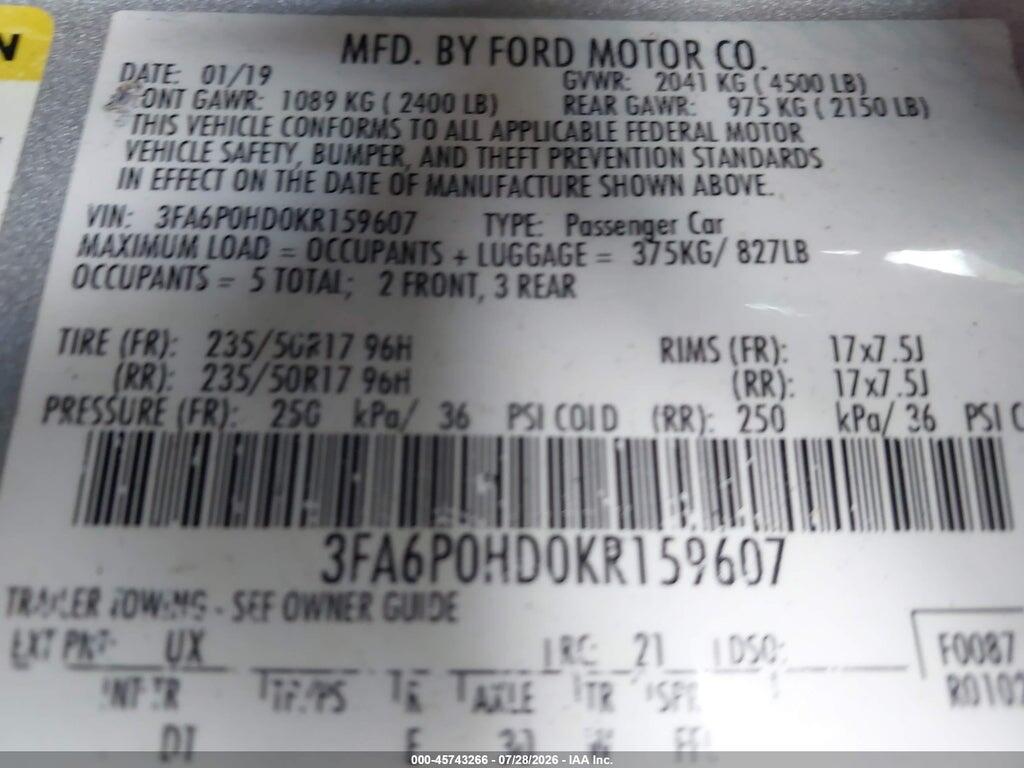 3FA6P0HD0KR159607 2019 FORD FUSION photo no. 9