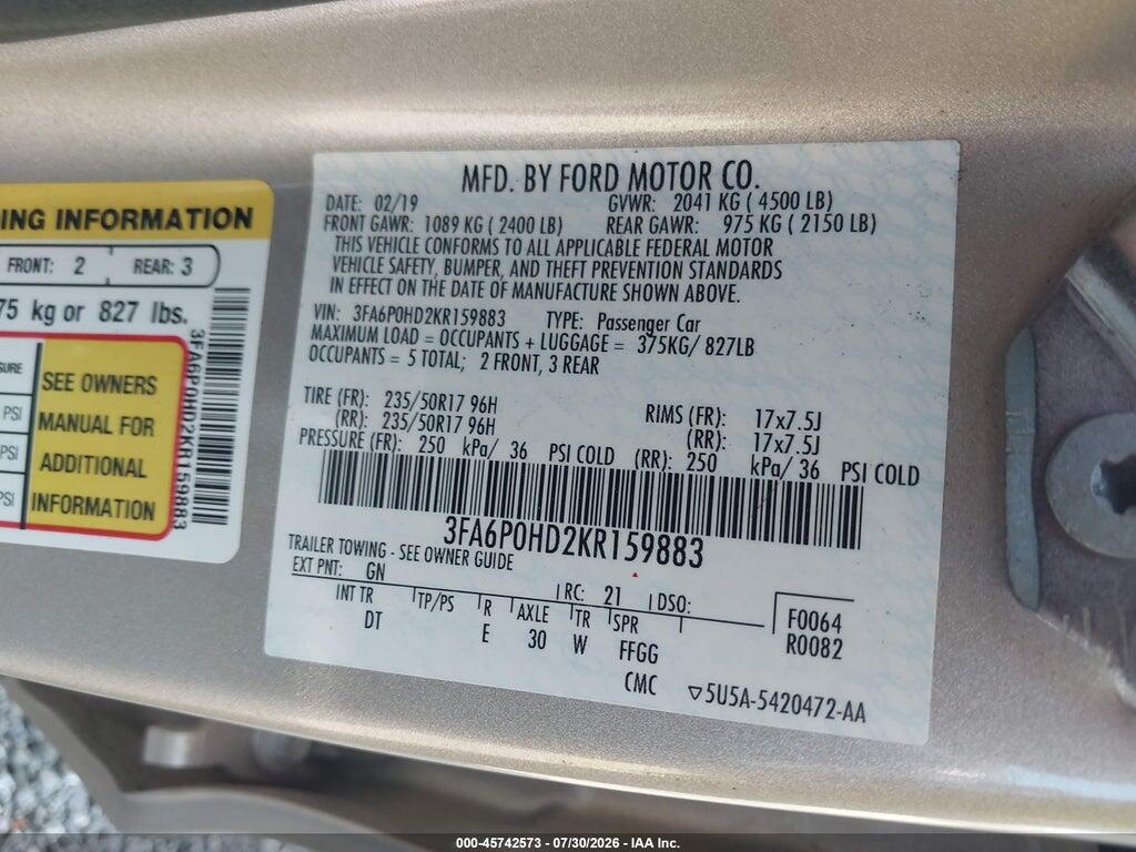 3FA6P0HD2KR159883 2019 FORD FUSION photo no. 9