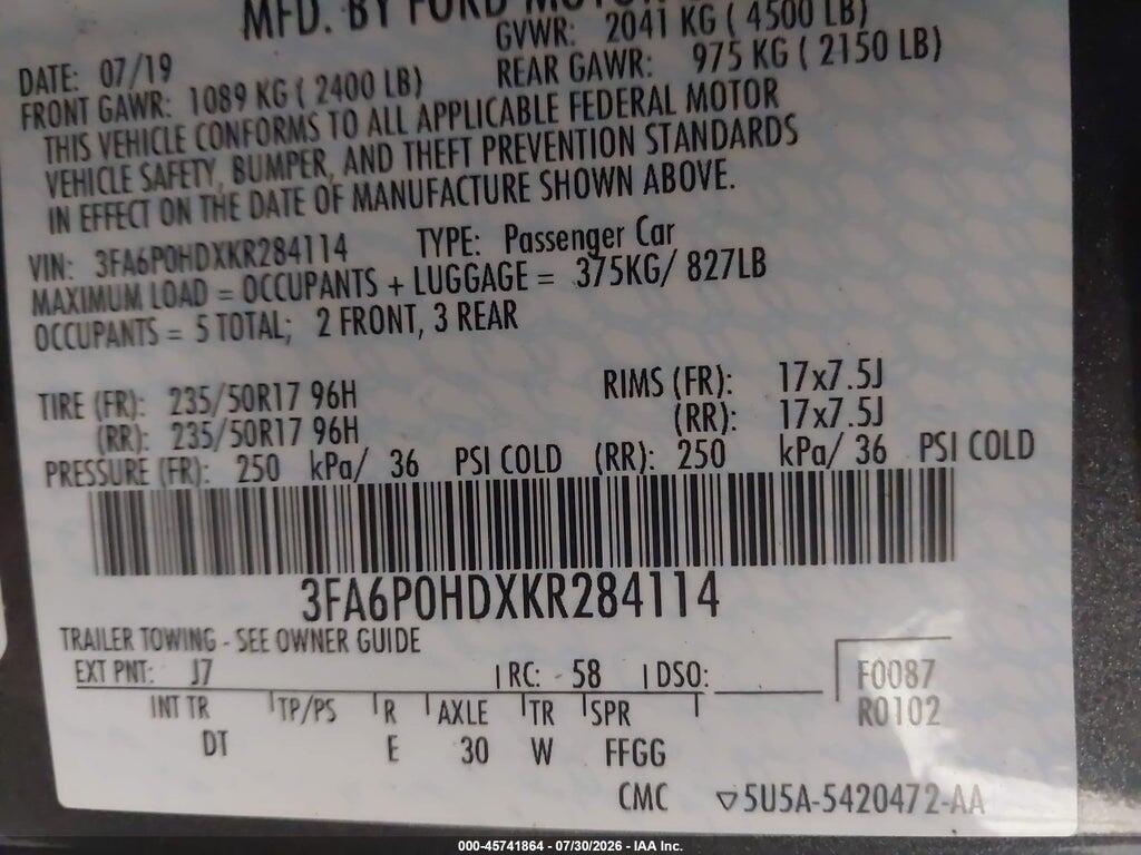 3FA6P0HDXKR284114 2019 FORD FUSION photo no. 9