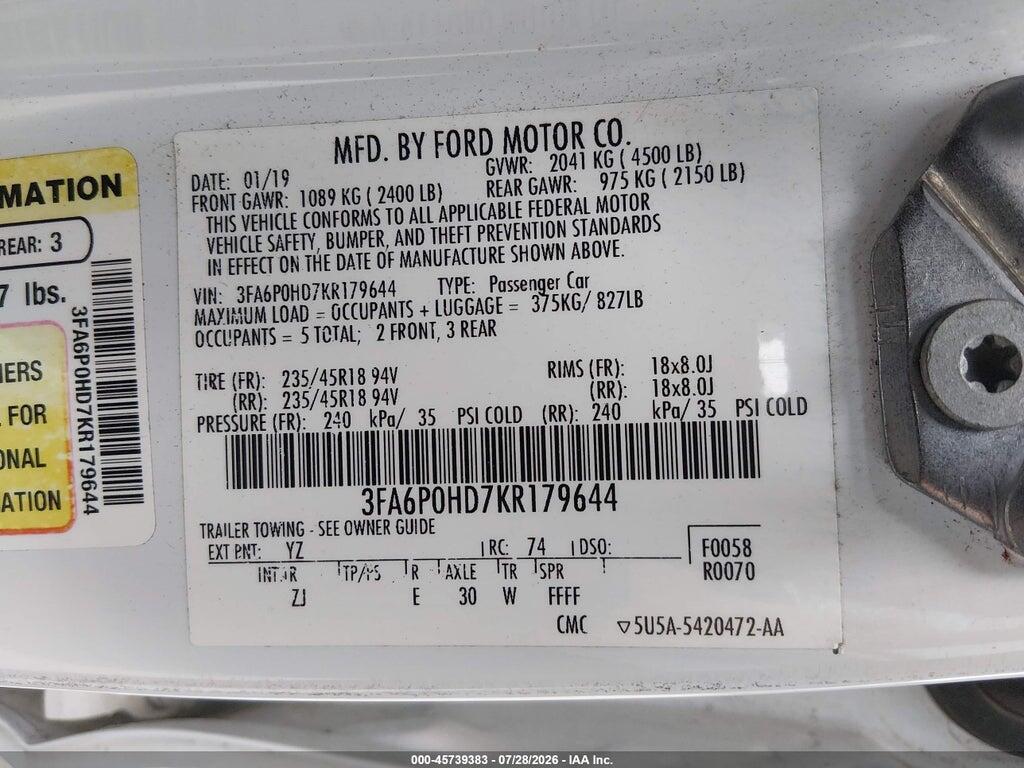 3FA6P0HD7KR179644 2019 FORD FUSION photo no. 9