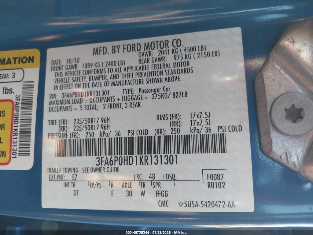 3FA6P0HD1KR131301 2019 FORD FUSION photo no. 9