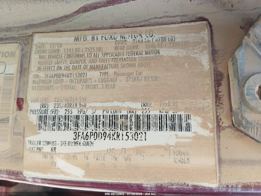 3FA6P0D94KR153021 2019 FORD FUSION photo no. 9