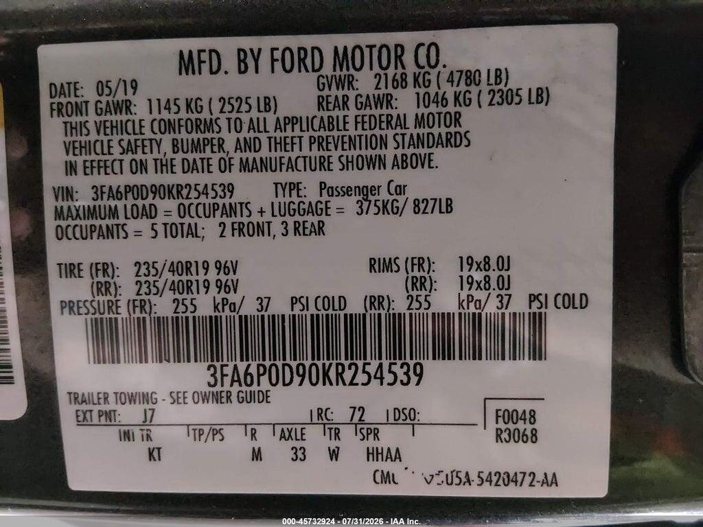 3FA6P0D90KR254539 2019 FORD FUSION photo no. 9