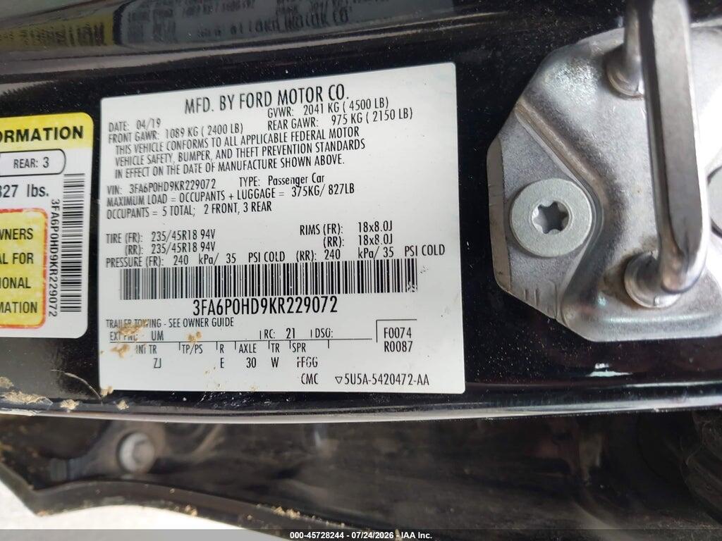 3FA6P0HD9KR229072 2019 FORD FUSION photo no. 9