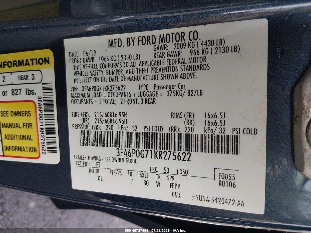 3FA6P0G71KR275622 2019 FORD FUSION photo no. 8