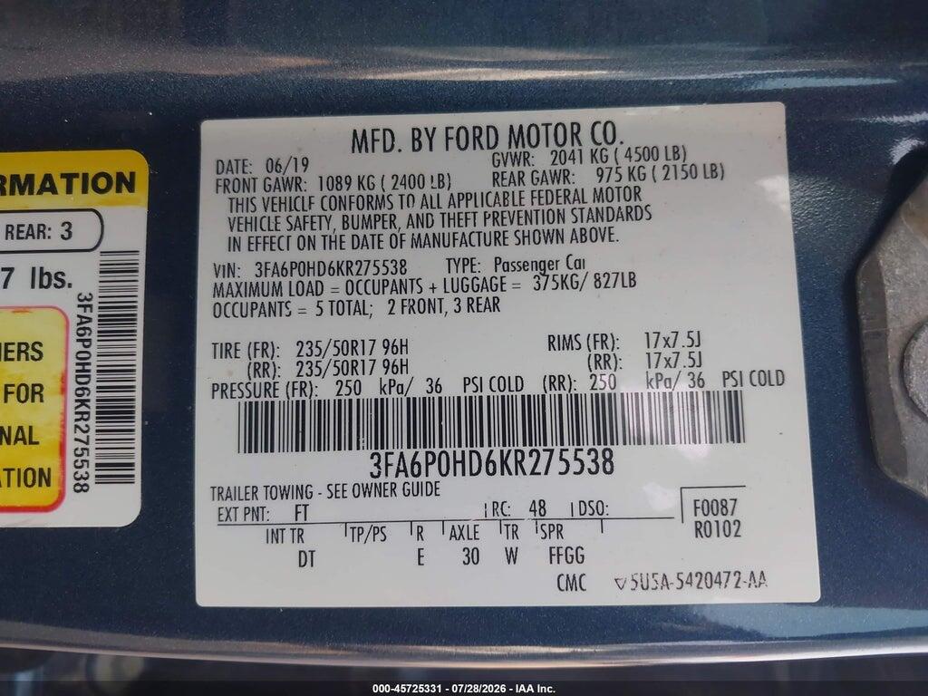 3FA6P0HD6KR275538 2019 FORD FUSION photo no. 9