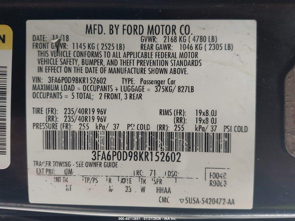 3FA6P0D98KR152602 2019 FORD FUSION photo no. 9