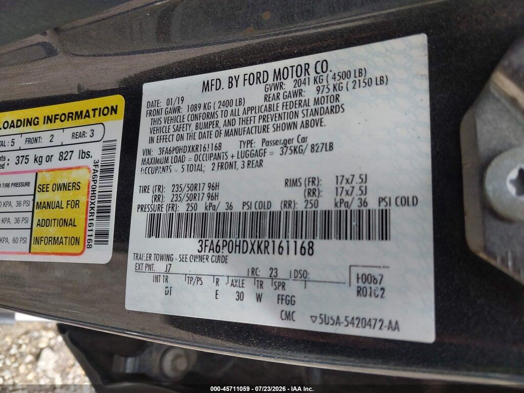 3FA6P0HDXKR161168 2019 FORD FUSION photo no. 9