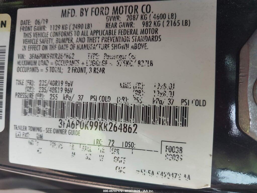 3FA6P0K99KR264862 2019 FORD FUSION photo no. 9
