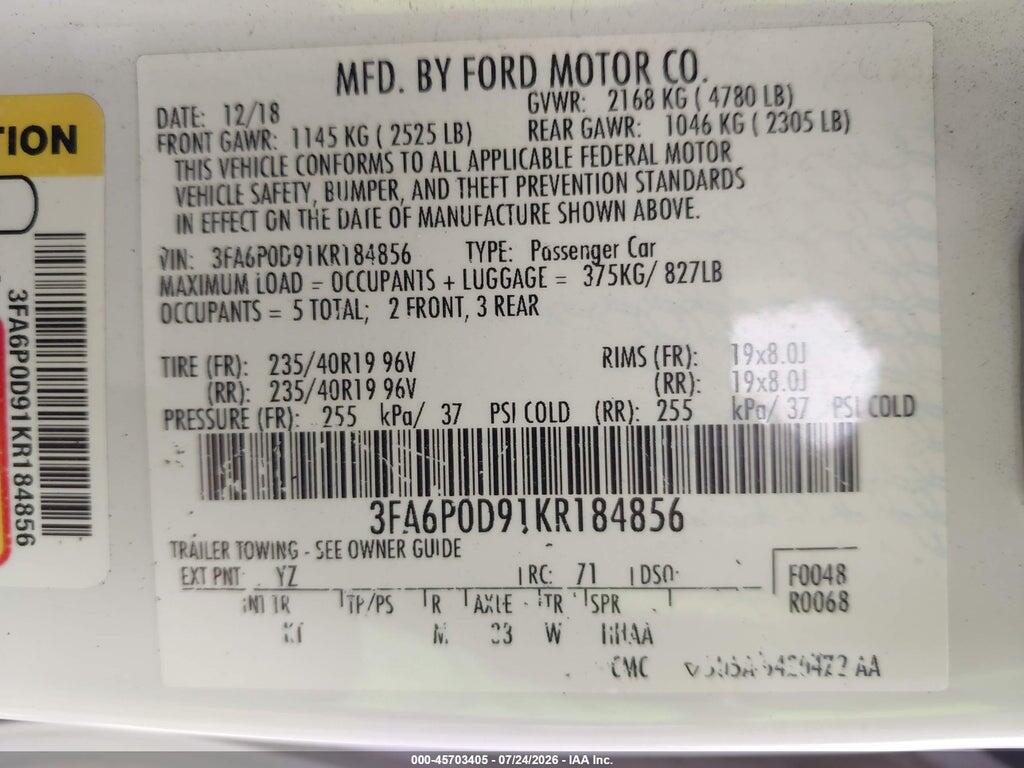 3FA6P0D91KR184856 2019 FORD FUSION photo no. 8