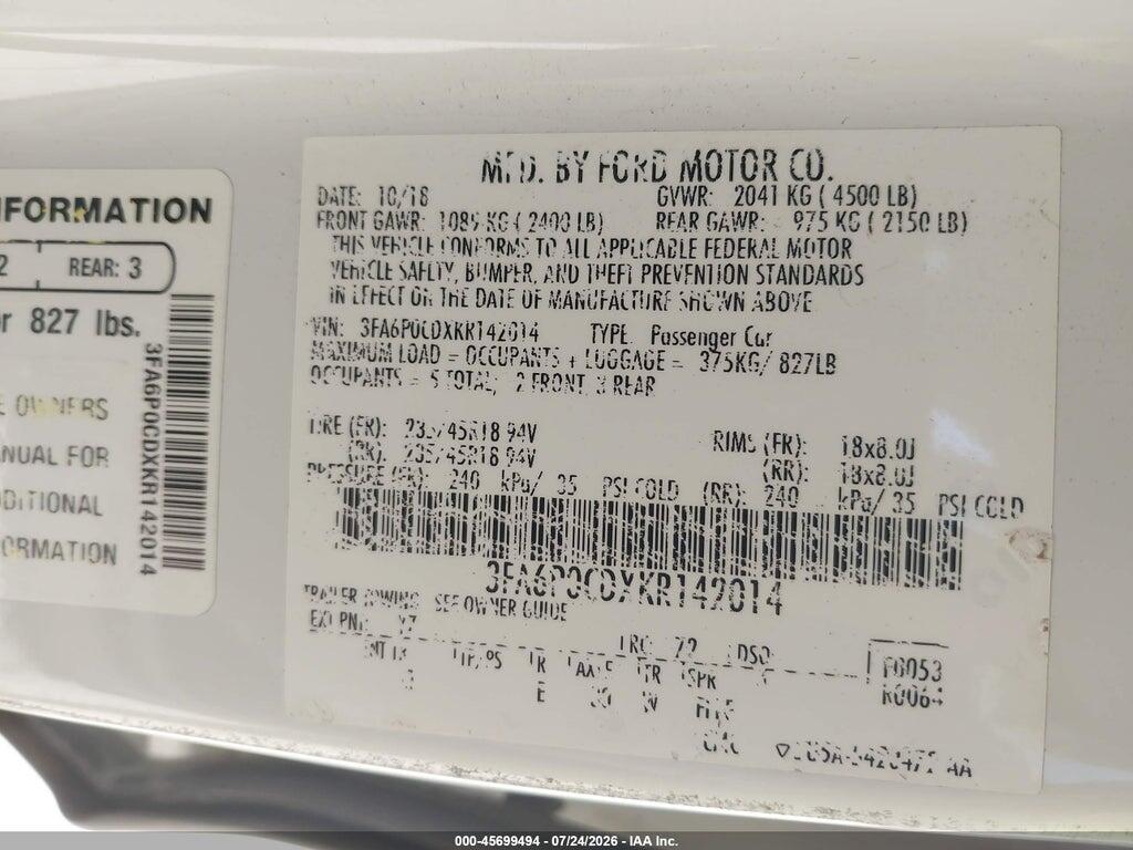 3FA6P0CDXKR142014 2019 FORD FUSION photo no. 9