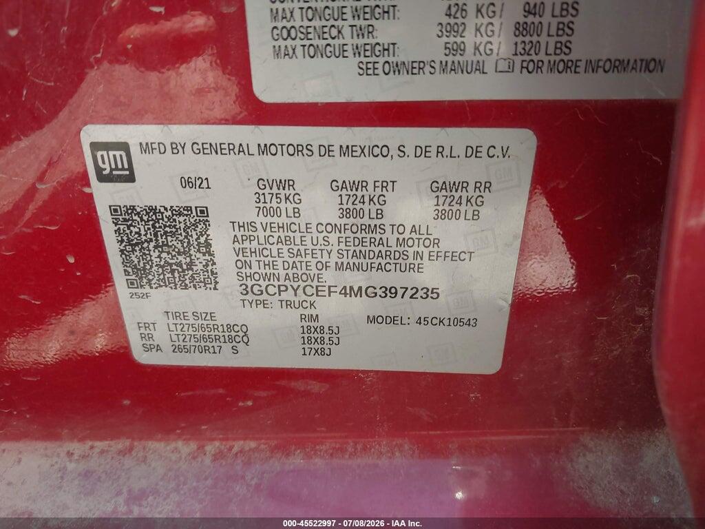 3GCPYCEF4MG397235 2021 CHEVROLET SILVERADO 1500 photo no. 9